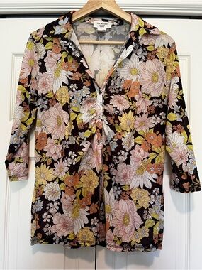 Kim & Cami Floral Button-Front Blouse 70s style Ruched Sheer Bold